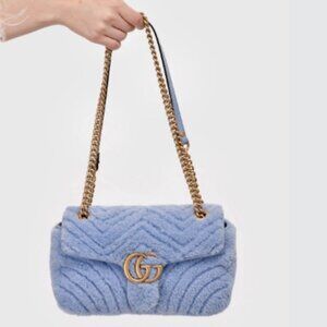 $4,020 New Authentic Shearling Baby Blue Shoulder Bag Marmont Gold Chain